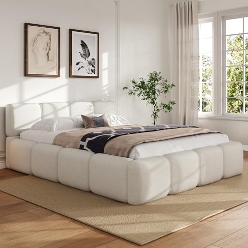 Image of Harper & Bright Designs Queen Size Boucle Platform Bed with Headboard and Footboard, Wood Floor Bed Frame with Sturdy Slats Support for Kids Tenns Adults, Space Saving, White