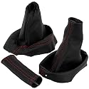 AERZETIX - C63399 - Faltenbalg für schalthebel und handbremse aus echtem leder - kompatibel mit Peugeot 308 I 2007-2013 - farbe: schwarz mit roten nähten - für manuelles getriebe
