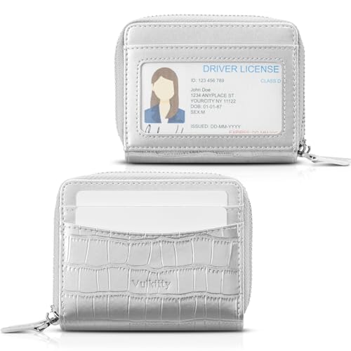 Vulkitty Zipper Credit Card Holder for Women, Leather RFID Blocking Card Wallet, Card Case for Female, Ladies Wallet with Zip Coin Pocket, Silver