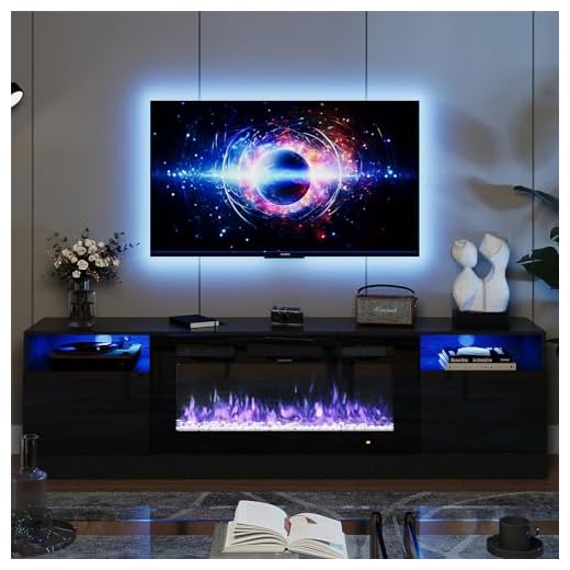 oneinmil Fireplace TV Stand with 36" Electric Fireplace, LED Light Entertainment Center, Modern Wood Texture Entertainment Stand with Highlight Storage Cabinet for TVs Up to 80", 70 inches, Black