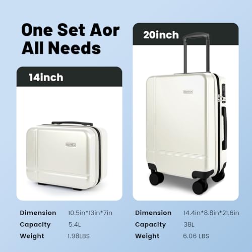 Image of 2 Piece Carry on Luggage Set, 14 in 20 in Lightweight Hardshell Suitcases with 360 Double Spinner Wheels & TSA Lock for Family Vacation Getaways Double Spinner Wheels White