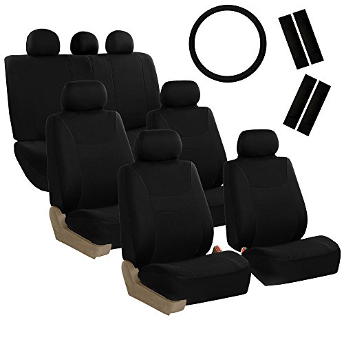 FH Group Light & Breezy Flat Cloth Cars Seat Covers Combo Steering Wheel Cover & Seat Belt Pads, Airbag and Split Rear Universal Fit Interior Accessories Cars Trucks SUV 7 Seater Three Row Set Black by FH Group - Used condition - US$48.71