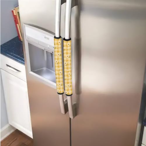 Image of Fridge Door Handle Covers Set of 6 Kitchen Appliance Decor Handles Glove Anti-Slip Protectors Washable Fabric Refrigerator Decor Accessories, Yellow Plaid Daisy
