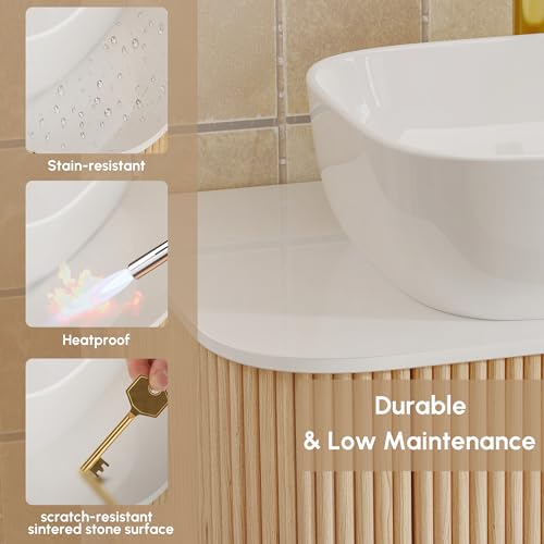 homary 31.5\" Floating Bathroom Vanity with Sintered Stone Top - Modern Farmhouse Wall Mounted Bathroom Vanity with Ceramic Vessel Sink & 2 Soft-Close Drawers for Small Bathroom, Fluted