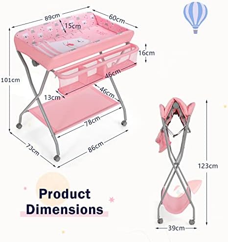 Maxmass Baby Diaper Table, Folding Infant Changing Station with 4 Wheels, Storage Shelf & Basket, Newborn Bath and Massage Organizer for 0-12 Months (Pink)