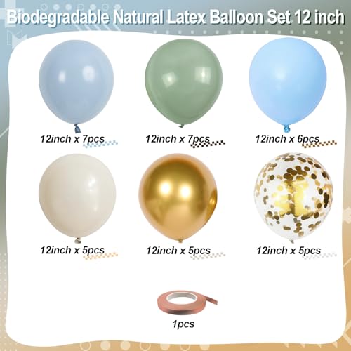 Image of Dusty Sage Green Blue Balloons, Muted Slate Blue Green Gold Balloon, 12 Inch Olive Green Cream White and Gold Balloon for Woodland One Silly Goose Lucky Birthday Decor Baby Bridal Shower Decorations