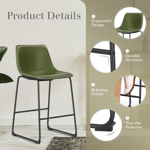 Image of DUMOS Bar Stools Set of 2, Faux Leather Counter Height Bar Chairs for Pub | 26 Inch Barstools with Back, Metal Legs, Footrest, Armless, Modern, Kitchen Island, Living Room, Cafe, Green
