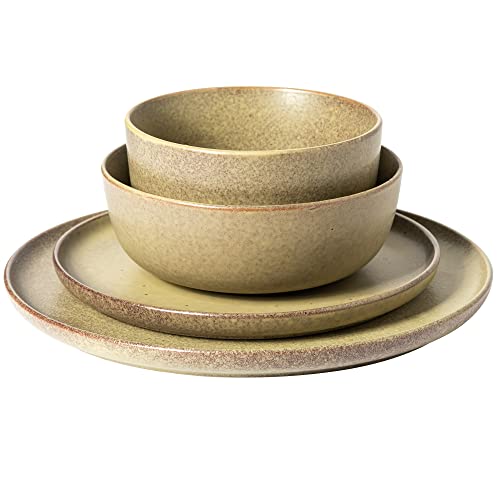 Gibson Elite James Street 16 Piece Stoneware Matte Reactive Double Bowl Dinnerware Set - Toast Cream, Service For 4 (16Pcs) #TOP4