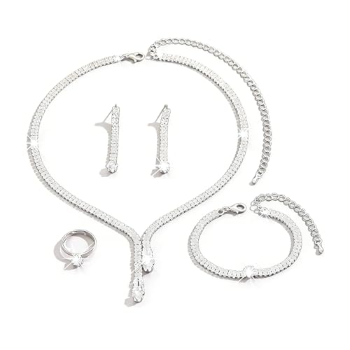 Fyvos Sparkling Rhinestone Tassels Earrings Necklace Ring Bracelet Set Elegant Crystal Earrings Necklace Bracelet Sets Bridal Wedding Prom Party Costume Jewelry for Women (Silver) by Fyvos - Used condition - Image 7