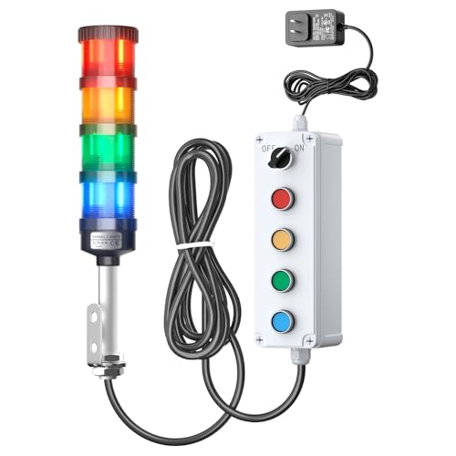 4 Stack Super Bright LED Andon Tower Lights, 24VDC Red/Yellow/Green/Blue, Off-ON, No Sound, 16.4ft Extension Cord, 9.8ft Power Adapter, Plug Play Ready, for Factory Automation & Safety Alarms