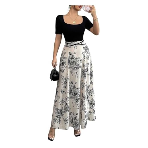 SOLY HUX Vestido feminino com estampa floral, gola quadrada, manga curta, evasê, rodado, festa, coquetel, vestido longo, Floral preto, GG