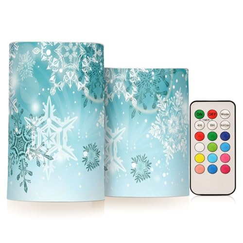 Image of Christmas Lights Decorations Flameless Candles Silver Winter Teal Turquoise Snowflakes Christmas Pillar Candles Set of 2 Battery Operated Remote Control Warm Lights