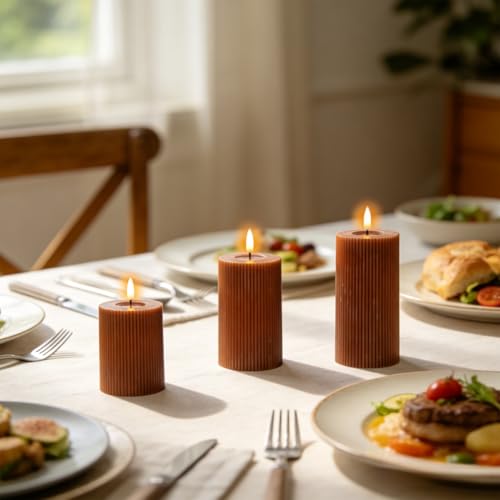 Image of Battery Operated Flameless Candles with 6 Hour Timer 3 Pack Real Wax Vertical Stripe 3D Wick Flickering LED Pillar Candles Dinner Wedding Christmas Holiday Decor(Brown, 3 inch D x 5 inch, 6 inch, 7 inch H)