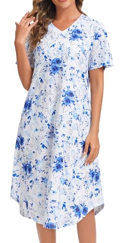 Image of Kabento Nightgowns for Women Cotton Short Sleeve Long Night Gowns with Pockets
