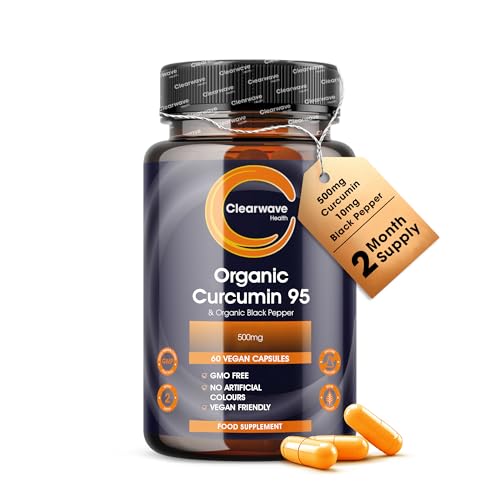 Curcumin 95 | Organic | Curcumin Capsules high Strength with Black Pepper | 500mg 95% Curcuminoids & 10mg Organic Black Pepper | 60 Capsules 2 Month Supply | by Clearwave Health