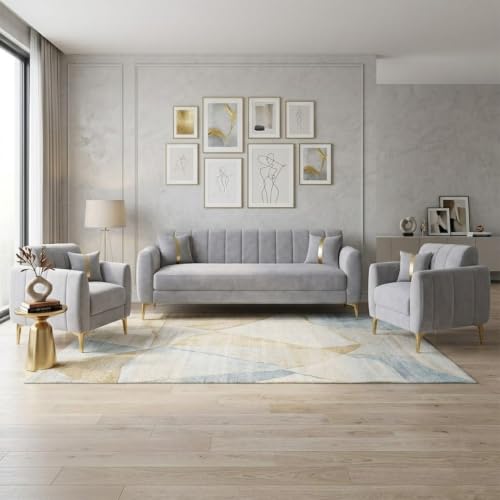 Image of Hermione Luxe Velvet-Suede Fabric 3 Seater + 1 Seater + 1 Seater Sofa Set | Golden Legs | Comfortable & Spacious Seating | Modern Sofa Set for Living Room - Light Gray