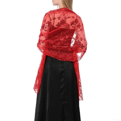 Superbe châle long en tulle brodé en dentelle pour événements formels et mariages (rouge)