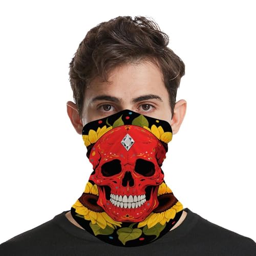 Red Skull & Yellow Sunflowers Neck Gaiter Face Cover Scarf, Breathable Sun Balaclava for Skiing Fishing Hiking Cycling4