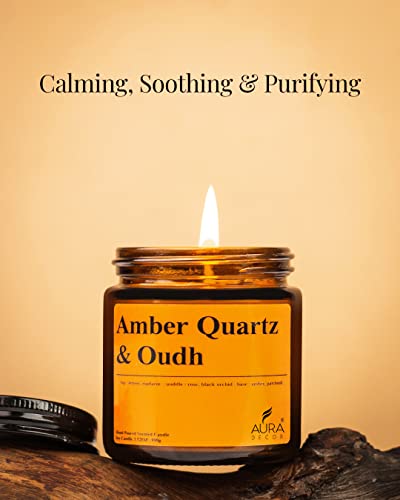 Image of AuraDecor Scented Jar Candle | Handpoured Soy Wax Candle with Long Lasting Burn Time | Premium Amber Jar Aromatherapy Candle | Ideal Gift for Home & Decor (Large, Amber Quartz & Oudh)