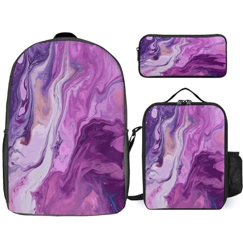 Printed Backpack With Lunch Pack Storage Box Case Marble Purple Colorful 3pcs Lightweight Travel Backpack