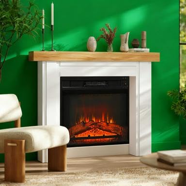 Fireplace Mantel Surrounds, Freestanding Fireplace Surround Frame with Leg and Wood Top, Surround Mantels for Electric Fireplaces with Decorative Pattern, for Holiday/Living Room, White and Wood