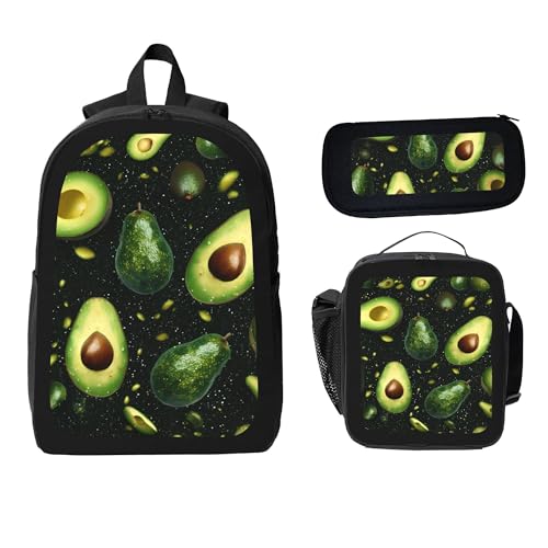 Fruit Green Avocado 3 Pcs 17 Inches Backpack Set with Insulated Lunch Bag And Pencil Pouch Large Back Pack for Men Women Lunchbox Pencil Case Waterproof Backpacks Lunch Box 3 Piece Daypacks2