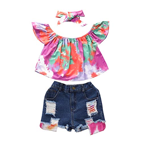 FYBITBO Fashion Baby Girl Jeans Outfits Tie Dye Off Shoulder Top+Ripped Denim Shorts Summer Clothes (4-5T,A-tie dye)
