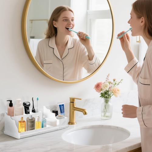 Bathroom Countertop Organizer With Tray, Toothbrush Holders and Toothpaste Holder Drainage for Bathroom Accessories,Organization Counter Vanity Storage,White-marble - Image 3