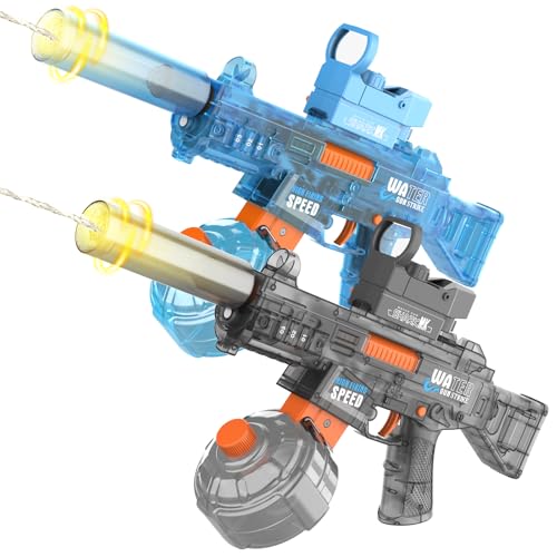 2-Pack Electric Water Gun for Kids & Adults - Automatic Water Gun, LED Light, Long-Distance Stream for Summer Outdoor Pool Beach Party Toys (Cool Black & Bright Blue)