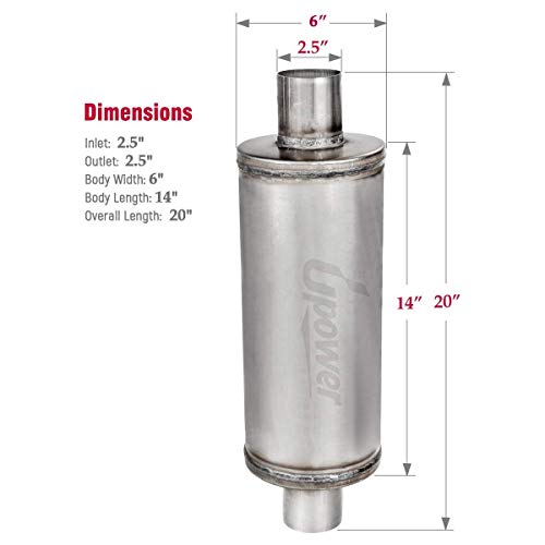 Upower 185990 2.5 Inch Inlet Muffler 2.5 Inch In(C)/Out(C) 6 Inch Round 14 Inch Body Universal Stainless Steel Exhaust Muffler Tbm2616 Straight Through Whole Length 20 Inch thumb #3