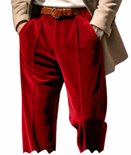 Lunuaoe Mens Velvet Pants Dress Pant with Pockets Long Trousers Casual Formal Autumn Winter Red