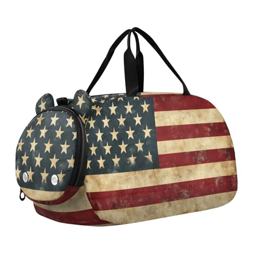Kids Sports Duffel Bag for Boys & Girls - Retro American Flag 100% Polyester Gym Bag with Separate Shoe Compartment, Adjustable Shoulder Strap, Compact Travel & Workout Gear Bag
