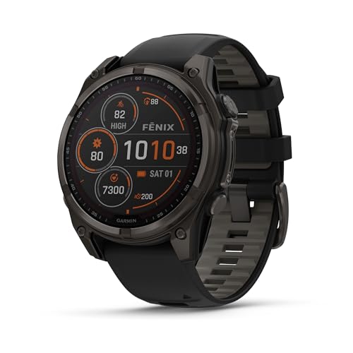 Image of Garmin Fenix 8, 47mm, Solar, Sapphire, Smartwatch, Carbon Gray Titanium with Black /Pebble Gray Silicone Band