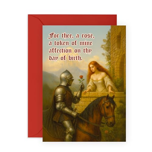 Medieval Birthday Card – “For Thee, A Rose” – Romantic Knight and Lady Vintage Art Card for Her, Wife, Girlfriend, Fiance, Partner, Spouse, Darling, Sweetheart, Women - Comes with Sweet Stickers