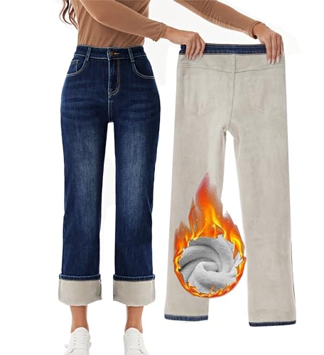 Yehopere Women's Fleece Lined Jeans Straight Leg Wide Jeans Winter Sherpa Flannel Lined Thermal Denim Pants