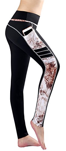 New Mincc Pantalon de Sport Leggings Basique pour Femme Imprimé Motif Long avec Poche Yoga Fitness Push-up Legging Minceur (Noir&Marron,L)