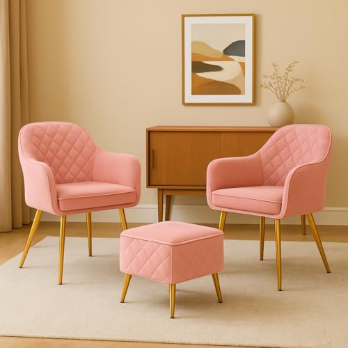 Image of Barfi Velvet Dining Chair | Set of 2 Premium Modern Upholstered Accent Chair with Armrest, Padded Seat and Metal Legs | Comfy Chair for Home, Office & Restaurents | (Pink with Puffy)