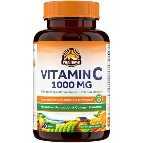 Vitalitown Vitamin C Complex 1000mg with Rose HIPS, Bioflavonoids, Turmeric & Echinacea, Daily Immune Support, Collagen Booster & Powerful Antioxidant, Vegan, 90 Tablets