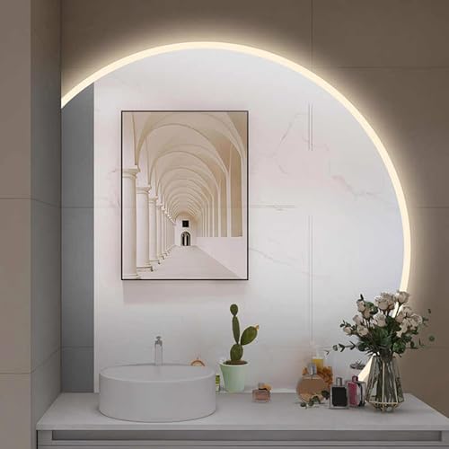 Espejo de baño LED regulable con diseño semicular irregular antivaho, controles táctiles, espejo de maquillaje HD, corte izquierdo/derecho, 80 cm, decoración moderna de pared