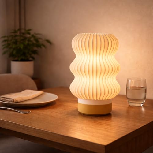 Image of Wavey Mini Table Lamp Modern Wavy Design Bedside Night Lamp, Warm White Glow, 5W Plug-in Decorative Lamp for Bedroom & Home Decor, Plastic, Beige