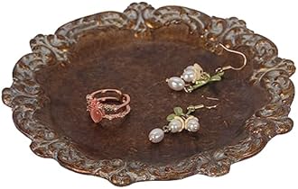 S-MANTIS Vintage Tray Small Antique Trinket Dish, Round, Ring Holder with Twisted Flower Surrounding, Cosmetics Makeup Storage Organizer, Gift, Aesthetic Room Decor (Bronze-Flower)