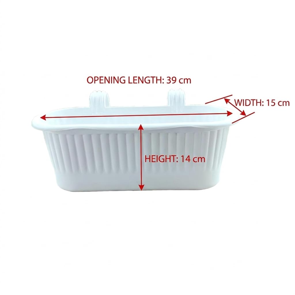 White Railing Planters for Balcony (Set of 4) - Durable Plastic Hanging Flower Pots with Ribbed Design | Opening Length: 39cm, Height: 14cm, Width: 15cm | Ideal for Indoor & Outdoor Gardening 1