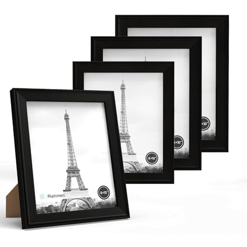 Image of iRahmen 8x10 Picture Frame Set of 4, Black Frame with HD Glass, Wooden Photo Frames for Wall Mount and Tabletop Display