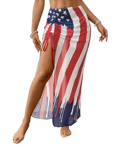 Bsubseach Sarong Cover Up for Women American Flag Long Bikini Wraps Skirt Sheer Drawstring Beach Swimwear Coverup2