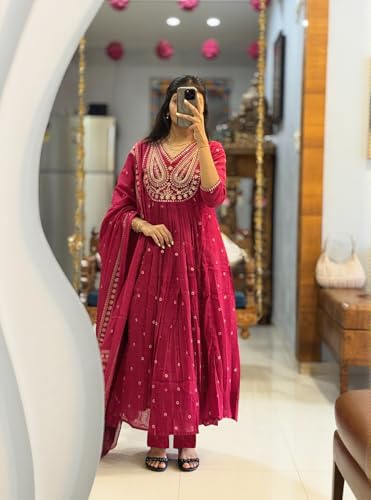 Image of ANNI Designer Women's Rayon Viscose Printed Embroidered Anarkali Kurta with Pant & Dupatta | Ethnic Kurti Set with Embroidery | Soft Comfortable Fabric | Stylish Outfit for Festive, Office