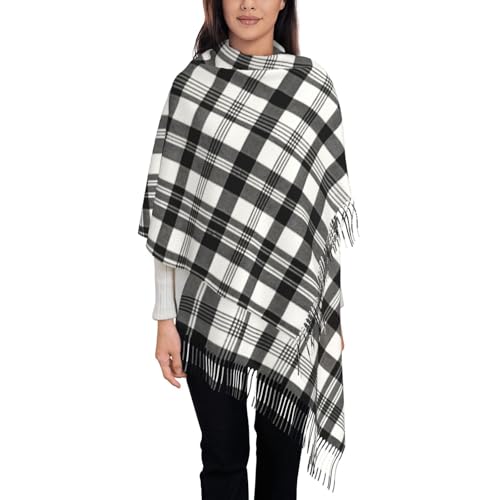 Black And White Plaid Print Tassel Scarf - Stylish And Cozy Accessory For Spring, Autumn, And Winter, 78" * 28"3