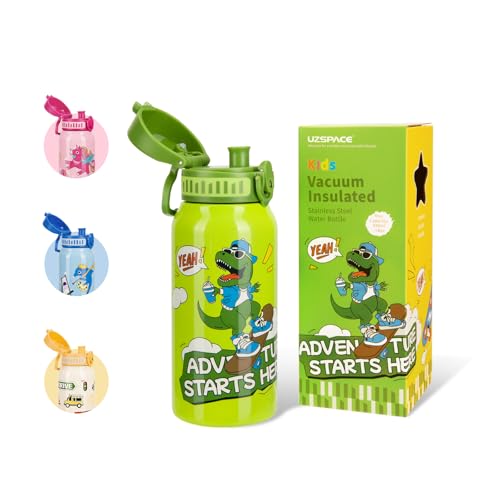 UZSPACE Botella Agua Acero Inoxidable para Niños 550ml, A Prueba de Fugas, Apertura de un Clic, Botella Agua Bebé Duradera, Cantimplora Infantil con Asa para Colegio, Niños y Niñas (Dinosaurio Verde)