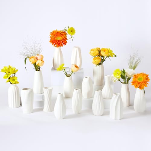 16packs Small White Ceramic Vases - Mini Flower Vases for Centerpieces Boho Home Decor White Bud Vase Set for Weddings Table Decor Pampas Grass