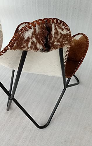 Gifteq Handmade Leather Living Room Butterfly Chair Tan Side Hand Stitch Leather Butterfly Chair For Relaxing With Powder Coated Folding Iron Frame Vintage Arm Chair Home Décor (Hairon White & Brown) #TOP4