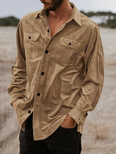 Image of ZAFUL Men's Faux Suede Button Down Shirts Jacket Lightweight Shirt Jacket Long Sleeve Work Coat Solid Color Overshirt